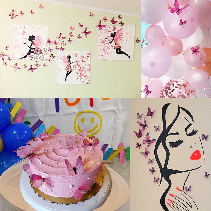 Butterfly Wall Decals 48PCS 3D Butterflies Decor Removable Mural Sticker Wall Art Home Decoration Kid Girl Bedroom Bathroom Baby Room Nursery Classroom Office Party (Pink Purple)