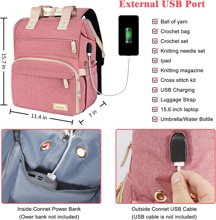 Knitting Bag Backpack,Yarn Storage Organizer Travel Crochet Bag with USB Charging Port,Large Capacity Yarn Storage Tote Bag Yarn Holder Case for Carrying Projects, Knitting Needles, Crochet Hooks Pink