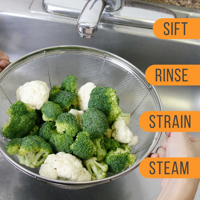 3 Piece Colander Set-Stainless Steel Wired Mesh Strainer Baskets with Wide Handles-11"-5 Quart, 9.5"