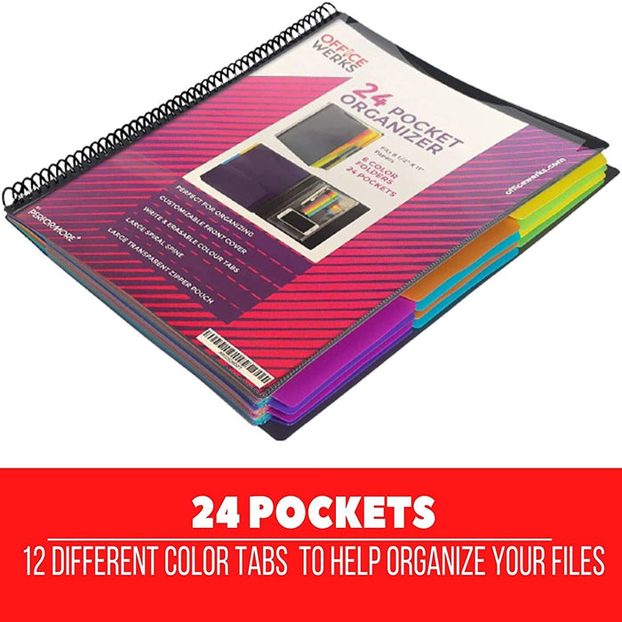 24 Pocket Spiral Project Organizer with 12 Dividers, Fits 8.5" X 11" Letter Size Papers Folder Organizer Binder with Front Cover and Customizable Cover, Erasable Write on Tabs for Documents Files