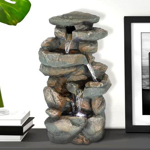 Rockery Tabletop Fountain - 16 H”5-Tier Resin Crafted Stacked Rockery Waterfall Fountain with Light&Cascading Water Stream for Indoor Outdoor, Relaxation Water Feature with Submersible Pump