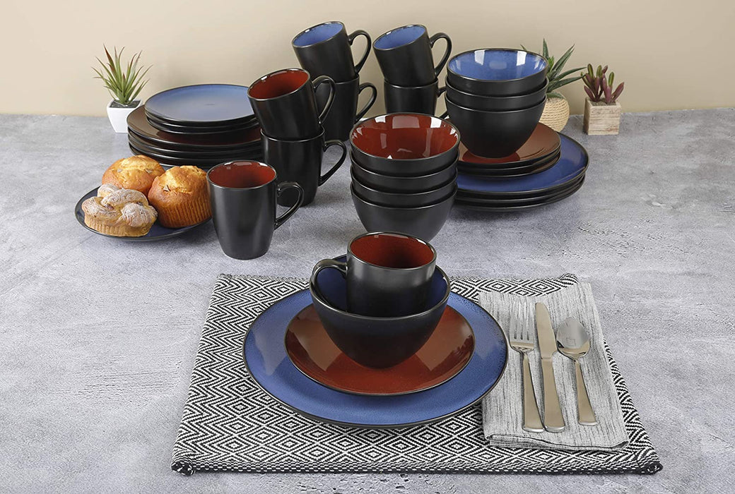 Gibson Soho Lounge round Reactive Glaze Stoneware Dinnerware Set, Service for 4 (16Pc), Blue, Soho Round.