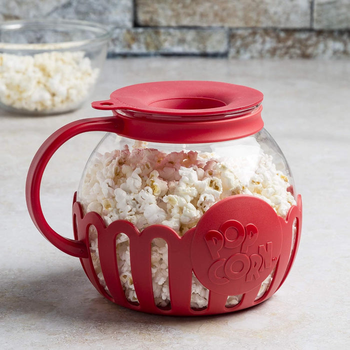 Patented Micro-Pop Microwave Popcorn Popper with Temperature Safe Glass, 3-In-1 Lid Measures Kernels and Melts Butter, Made without BPA, Dishwasher Safe, 1.5-Quart, Red