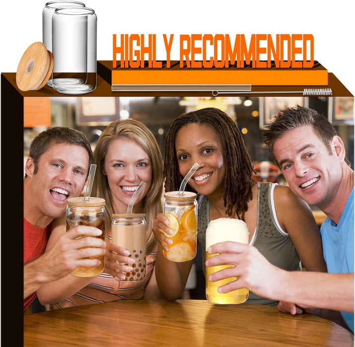 Glass Cups with Lids and Straws 4Pcs Set 16Oz Iced Coffee Cups,Glass Coffee Cups with Lids and Straw,Beer Can Glass with Lids and Straw