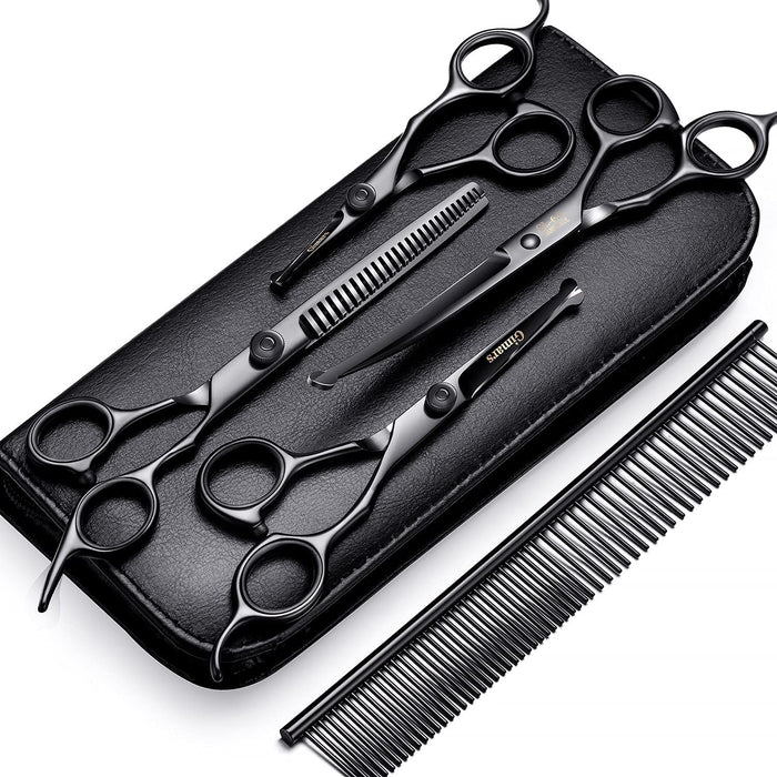 Professional 4CR Stainless Steel Safety round Tip 6 in 1 Dog Scissors for Grooming, Heavy Duty Titanium Coated Pet Grooming Scissor for Dogs, Cats and Other Animals