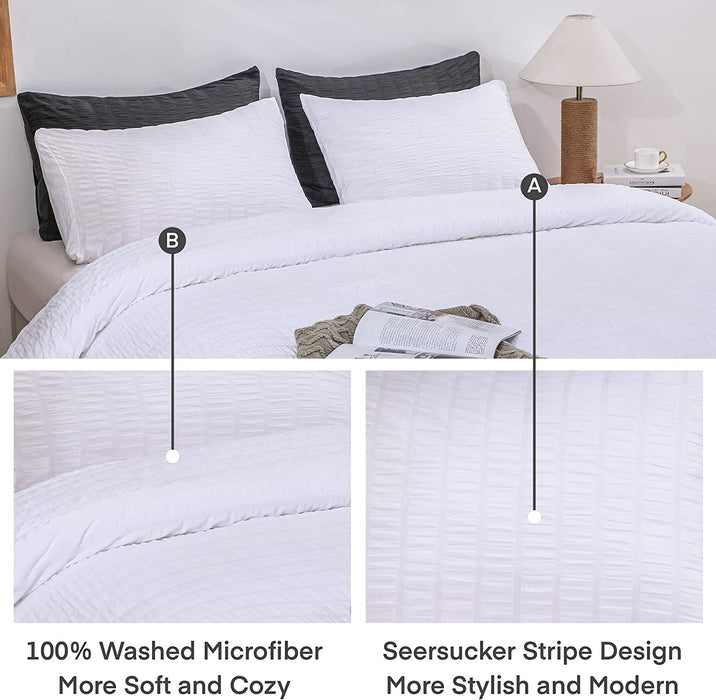 Seersucker Queen Comforter Set (90X90 Inches), 3 Pieces - 100% Soft Washed Microfiber Lightweight Comforter with 2 Pillowcases, All Season down Alternative Comforter Set for Bedding, White