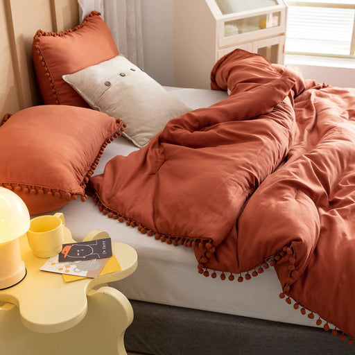 Terracotta Comforter Queen Set 3Pcs Boho Ball Pom Pom Bedding, Aesthetic Burnt Orange Comforter Queen Sized Bed Set Rust Comforter Solid Color Bed Set for Women Men (1 Comforter 2 Pillowcases)