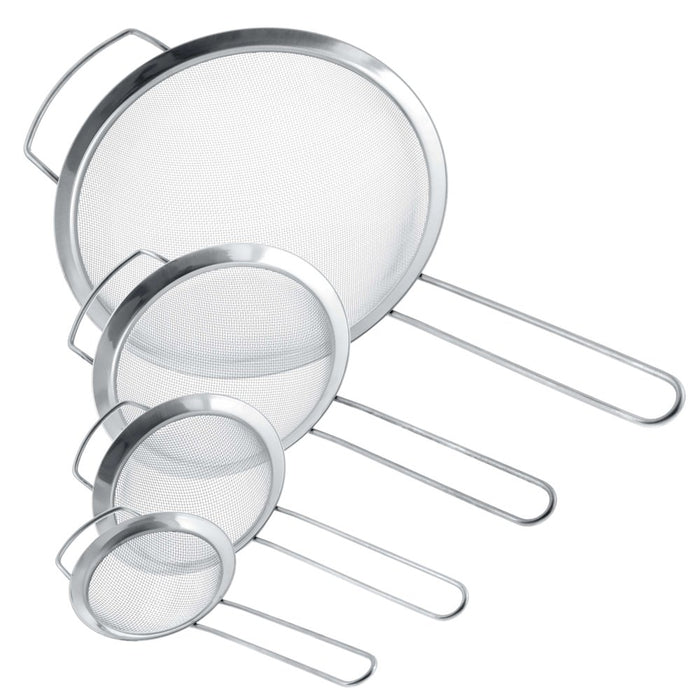 Set of 4 Fine Mesh Stainless Steel Strainers with Wide Ear Design, 3", 4", 5.5", 8"
