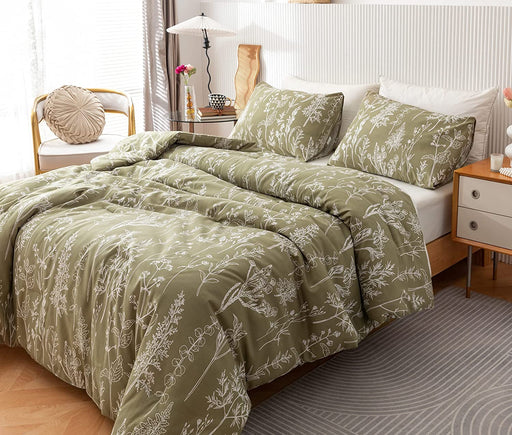 Queen Comforter Sets Olive Green Comforter,3 PCS Bedding Sets Floral Comforter Set Plant Flowers Printed on Green Comforter Set