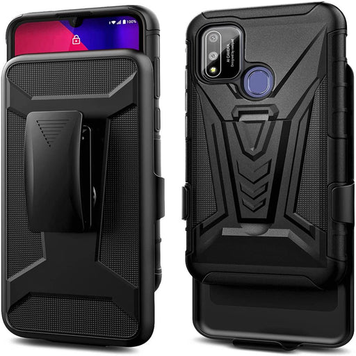 Coolpad SUVA Phone Case with Tempered Glass Screen Protector (Full Coverage),  Belt Clip Holster with Built-In Kickstand, Heavy Duty Shockproof Armor Rugged Case (Black)