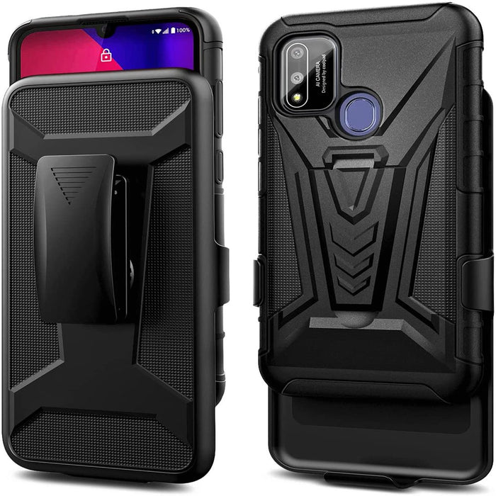 Coolpad SUVA Phone Case with Tempered Glass Screen Protector (Full Coverage),  Belt Clip Holster with Built-In Kickstand, Heavy Duty Shockproof Armor Rugged Case (Black)