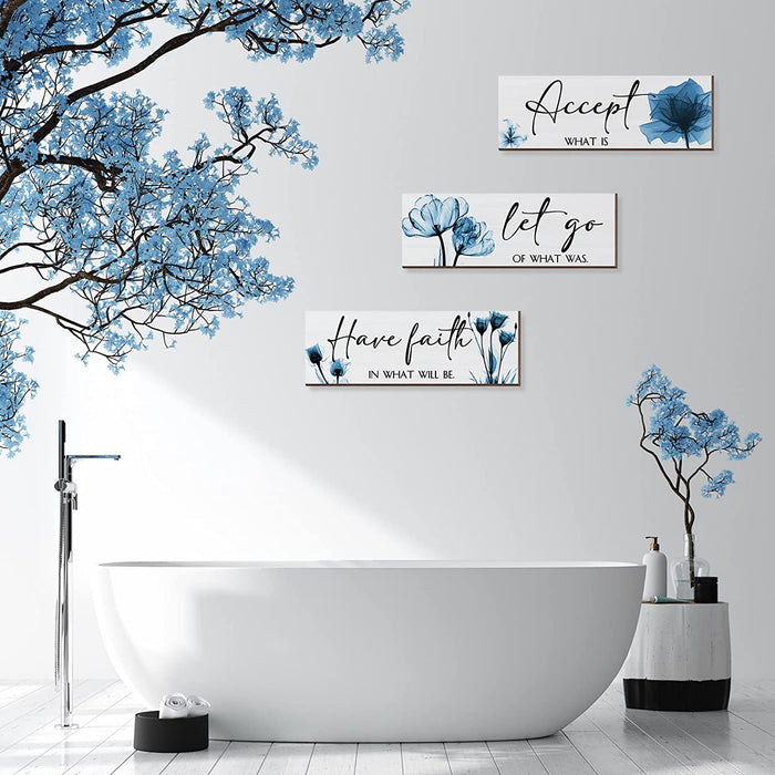3 Pcs Rustic Flower Wall Art Accept Let Go Have Faith Bedroom Wall Decor Wooden Inspirational Quotes Decorations for Living Room Bathroom Wood Hanging Farmhouse Bedroom Art, 12 X 4 Inches (Blue)