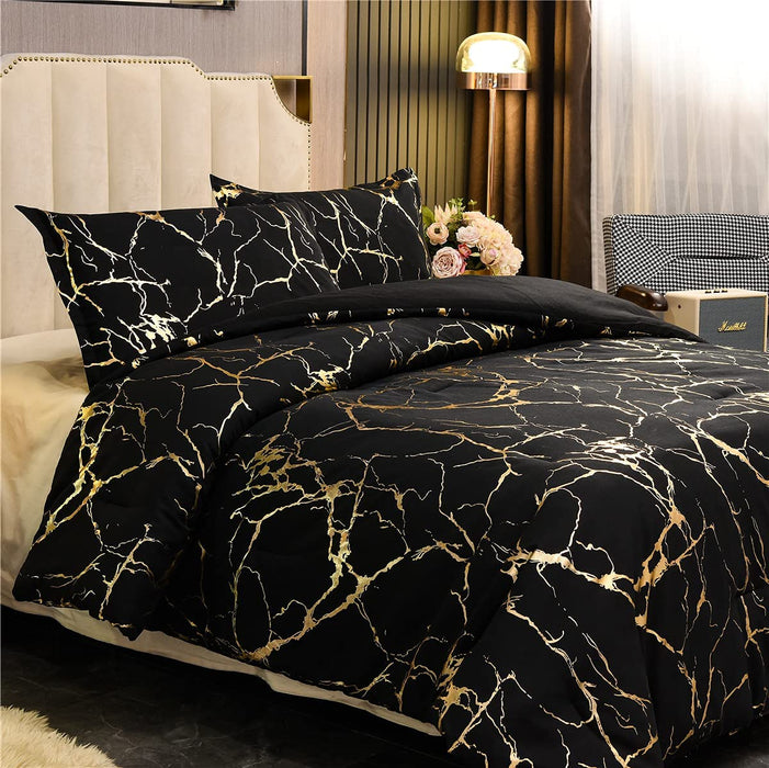 Gold Metallic Marble Comforter Set Queen Size Foil Print Glitter Bedding Sets,Black/Gold,Queen