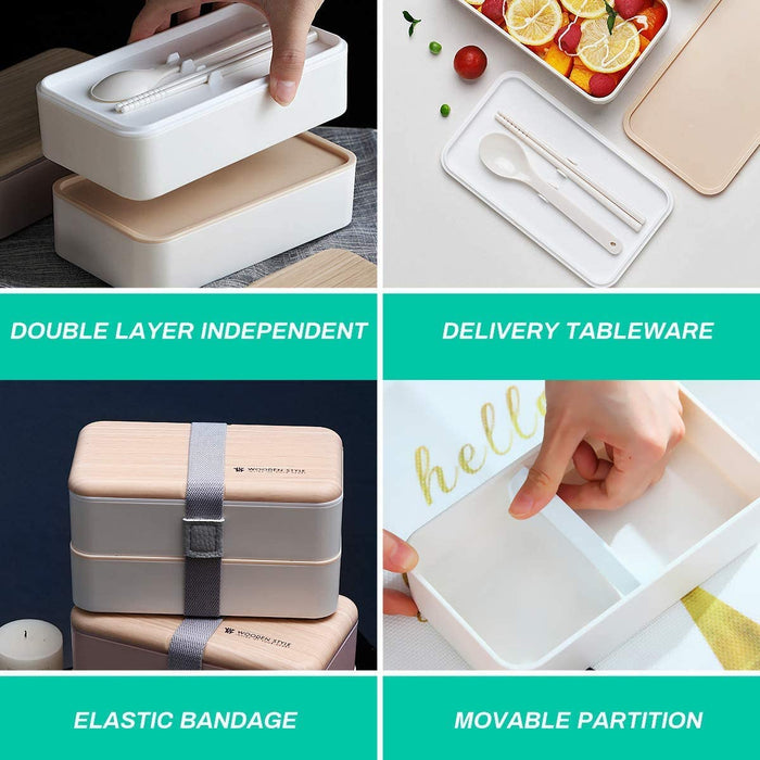 Bento Box 2 Tiers Lunch Box 1200ML Food Container Microwave Dishwasher Safe Bento Lunch Box with Cutlery Set for Adult, Kids and Student (White)