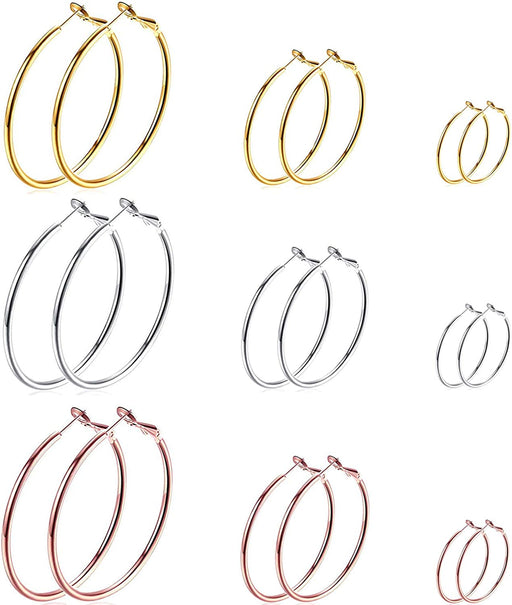 Cocamiky 9 Pairs Big Gold Hoop Earrings Set for Women Girls,Stainless Steel 14K Gold Plated Thin Hoops Rose Gold Silver Hypoallergenic Sterling Silver Post for Sensitive Ears Jewelry