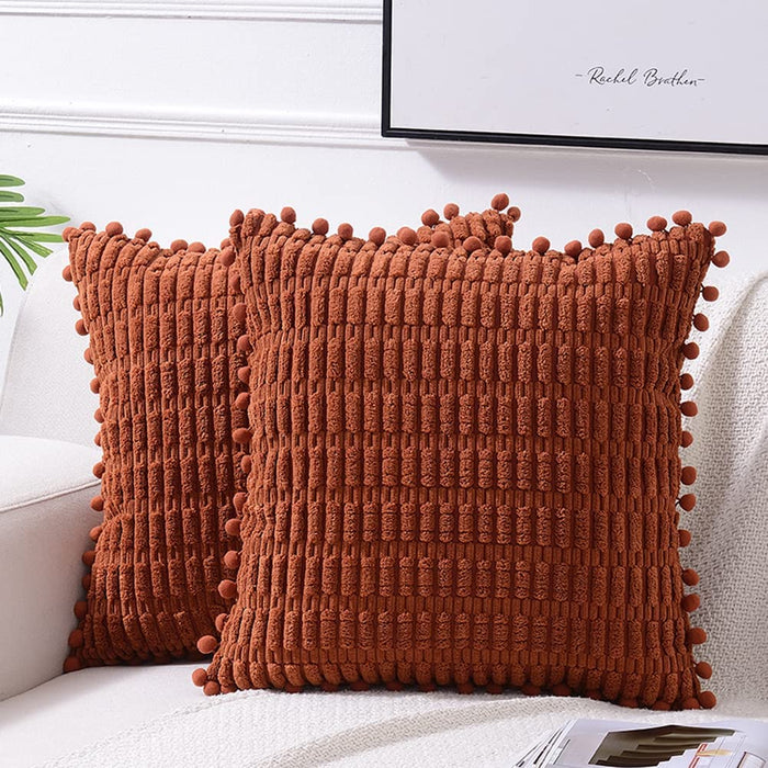 2 Packs Rust Decorative Throw Pillow Covers 18X18 Inch with Pom-Poms for Couch Bed Living Room, Farmhouse Boho Home Decor, Terracotta Soft Corduroy Cute Square Cushion Case 45X45 Cm
