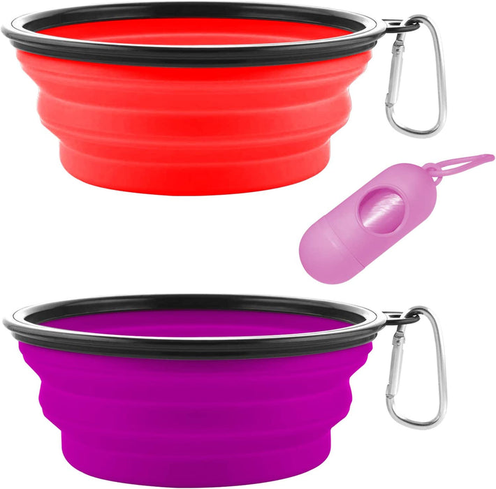 Collapsible Dog Bowls, Portable Travel Dog Bowls, Expandable for Cat Dog Water Bowls Food Feeding, 2 Pack Silicone Pet Bowls with Waste Bag Dispenser