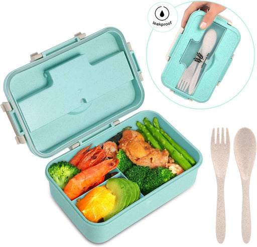 Bento Box for Kids Adults Lunch Box with 3 Compartment,Wheat Fiber Leak Proof Food Container with Spoon & Fork,1200Ml Lunch Boxes Containers for Men Women (Model2-Blue)