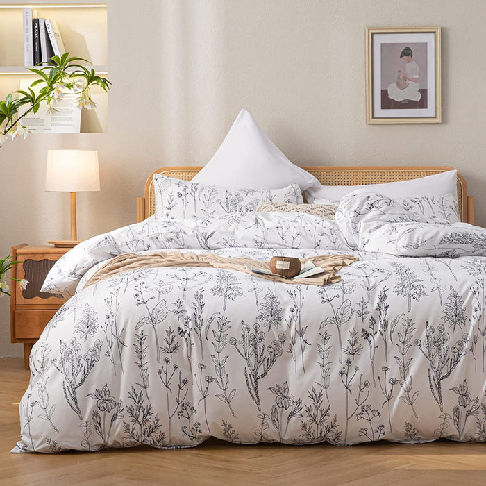 3Pcs White Comforter Set, Soft Microfiber Bedding Plant Flowers Printed Comforter with 2 Pillow Cases for All Seasons(Queen)