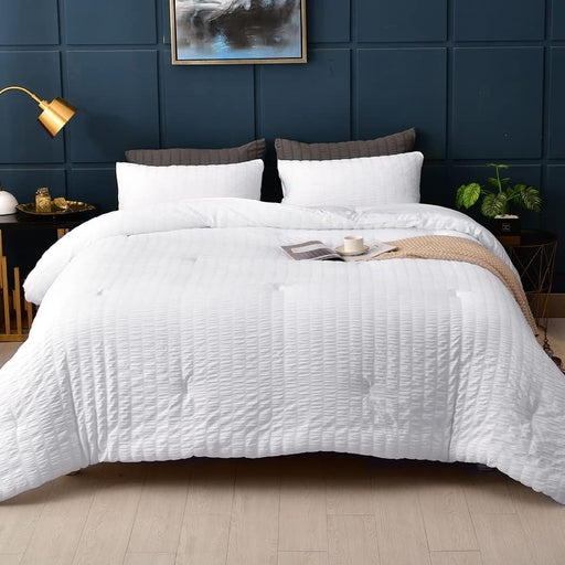 Seersucker Queen Comforter Set (90X90 Inches), 3 Pieces - 100% Soft Washed Microfiber Lightweight Comforter with 2 Pillowcases, All Season down Alternative Comforter Set for Bedding, White