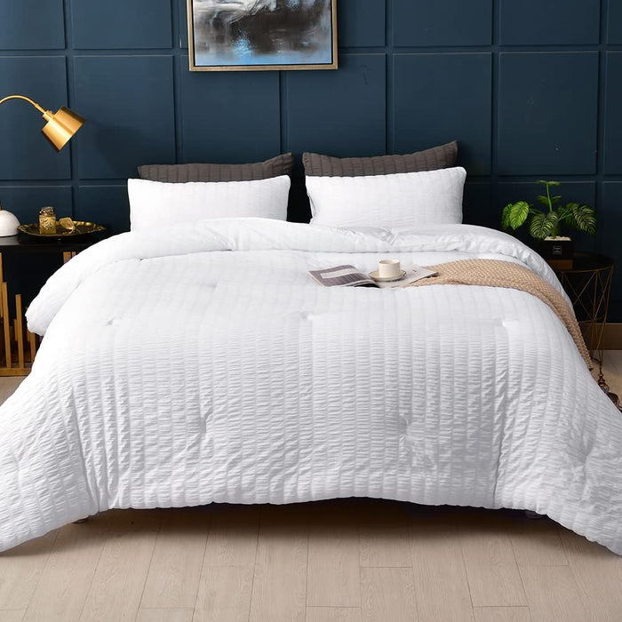 Seersucker Queen Comforter Set (90X90 Inches), 3 Pieces - 100% Soft Washed Microfiber Lightweight Comforter with 2 Pillowcases, All Season down Alternative Comforter Set for Bedding, White