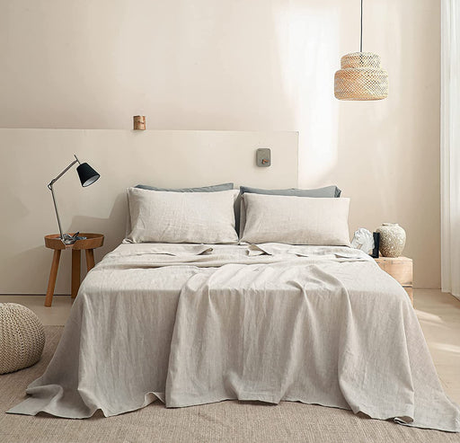 Simple&Opulence 100% Linen Sheet Set Solid Color-4 Pcs Washed French Linen Bed Sheets(1 Flat Sheet,1 Fitted Sheet,2 Pillowcases)-Breathable Bedding Set (Linen, Queen)