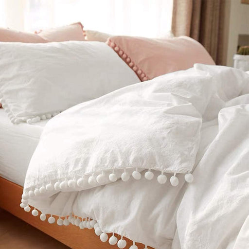 Comforter Set Queen Size Pom Pom, 3 Piece Boho Bed Set, All Season Farmhouse Microfiber down Alternative Bedding Comforter with 2 Pillow Shams, Solid White Pompom