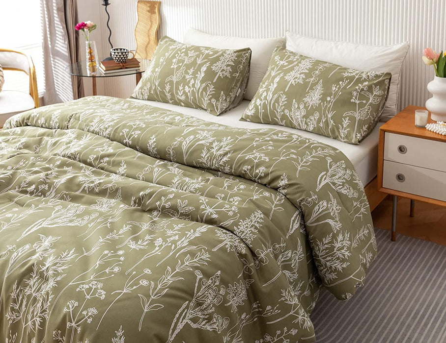 Queen Comforter Sets Olive Green Comforter,3 PCS Bedding Sets Floral Comforter Set Plant Flowers Printed on Green Comforter Set