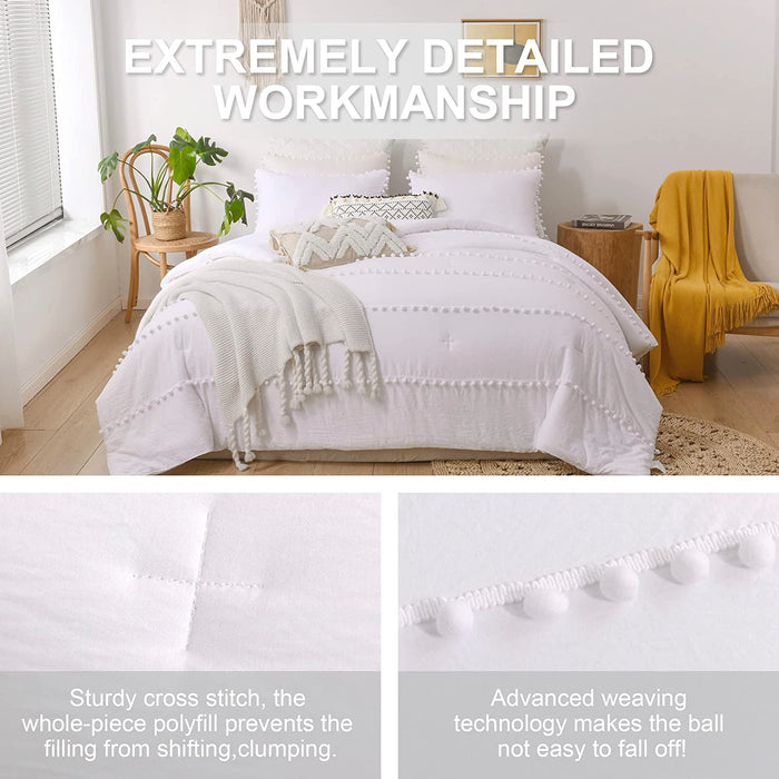 White Boho King Size Comforter Set, Striped Cute Pom Pom Bedding Bedspread 3 Pieces(1 Aesthetic Pom Comforter +2 Pillowcases) Soft Cozy Fluffy Farmhouse Shabby King Bedding Set All Season