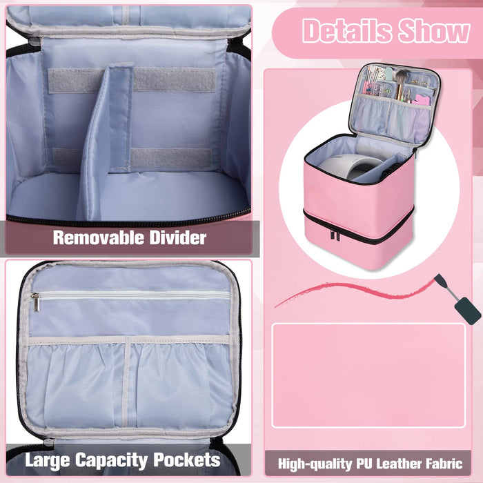 Nail Polish Organizer and Nail Dryer Case, Double-Layer Nail Polish Storage Holds 30 Bottles (15Ml/0.5 Fl.Oz) and 1 Led Nail Lamp, Travel Carrying Case for Nail Polish Kit Set (Pink)