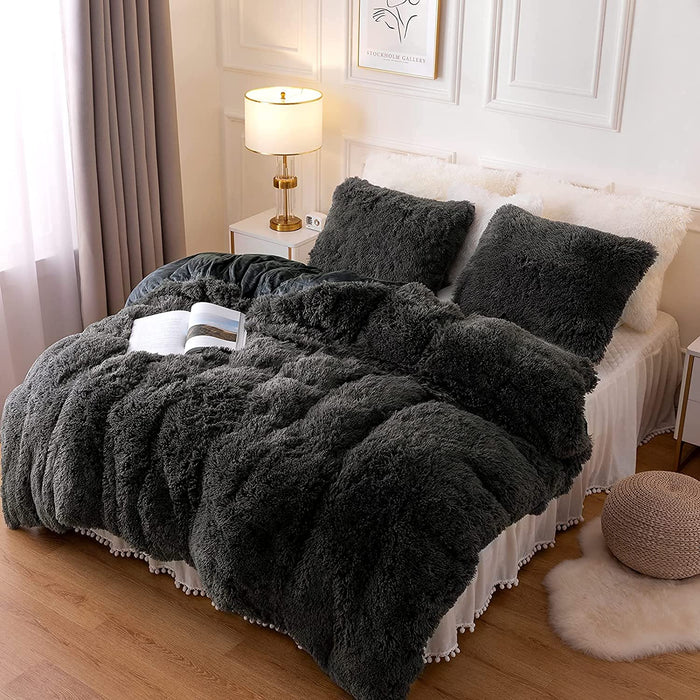 Plush Fluffy Duvet Cover Oeko-Tex Certified Luxury Ultra Soft Shaggy Crystal Velvet Bedding Set 3 Pieces(1 Duvet Cover + 2 Pillow Shams) Zipper Closure(Queen, Dark Gray)