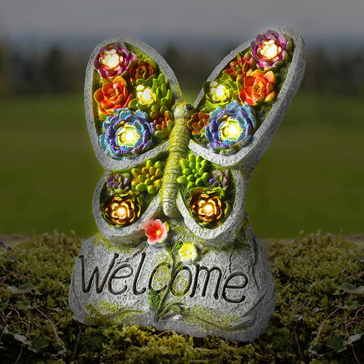 Solar Garden Sculptures & Statues -Succulent Butterfly Resin Craft Garden Statue Outdoor Decor with Solar Powered 8 LED Lights for Garden, Patio, Lawn, Yard, Balcony, Porch’