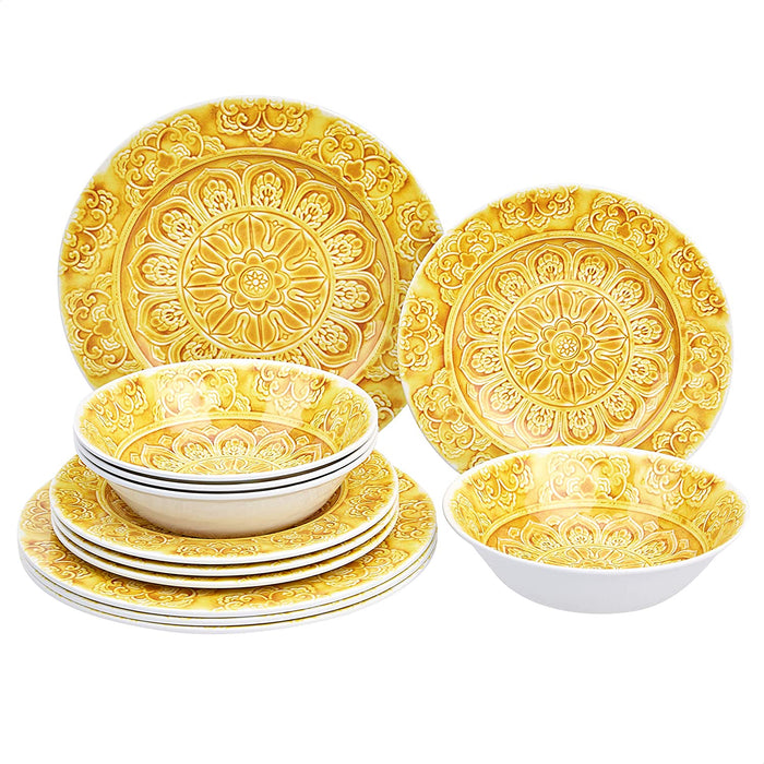 Melamine Dinnerware Set, Service for 4, Traditional Blue and White - Set of 12