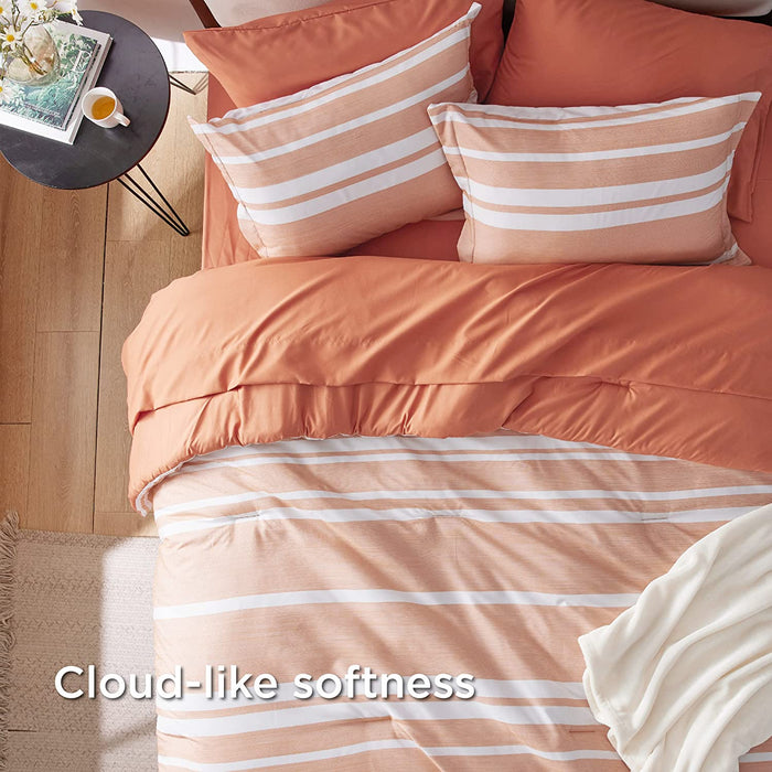 Bedsure Bed in a Bag Full Size 7-Piece Burnt Orange White Striped Bedding Comforter Sets All Season Bed Set, 2 Pillow Shams, Flat Sheet, Fitted Sheet and 2 Pillowcases