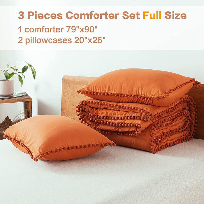 Burnt Orange Pom Pom Fringe Comforter Full(79X90 Inch), 3 Pieces(1 Boho Comforter and 2 Pillowcases) Aesthetic Ball Pom Comforter, Lightweight Soft Microfiber down Alternative Bedding Set