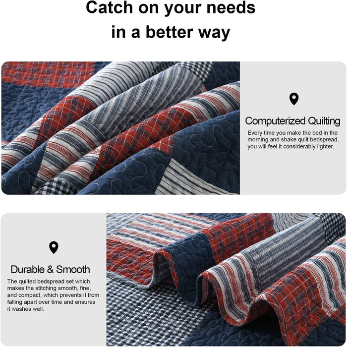 100% Cotton Quilt Set Queen Size, Patchwork Plaid Queen Quilt Bedding Set Bedspreads, Farmhouse Lightweight Comforter Reversible Quilt, Blue/Red/White Bed Spread for Queen Bed, 3 Pieces