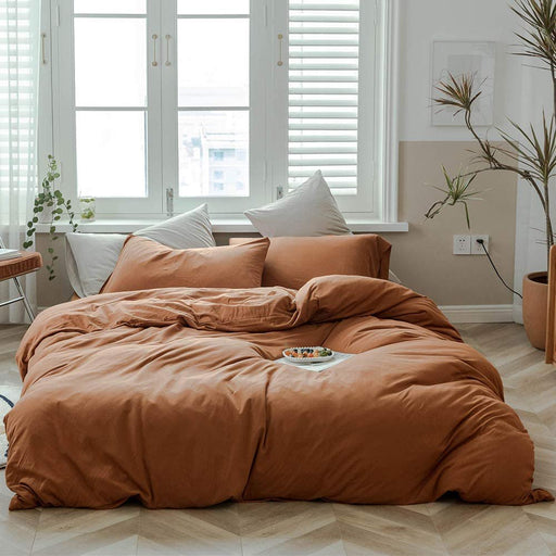 MKXI Caramel Pumpkin Duvet Cover Queen Size，Solid Brown Bedding Set，Soft Jersey Cotton Simple Bedroom Collection，Solid Color Adults Bedding
