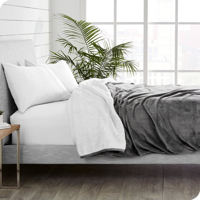 Plush Sherpa Bed Blanket, Fluffy & Soft, Reversible, Lightweight, Full/Queen, Gray