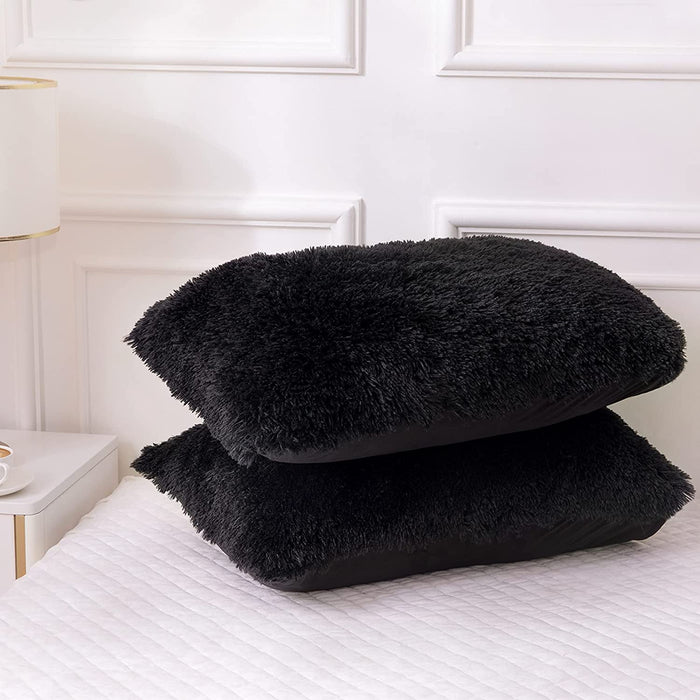 Plush Fluffy Duvet Cover Oeko-Tex Certified Luxury Ultra Soft Shaggy Crystal Velvet Bedding Set 3 Pieces(1 Duvet Cover + 2 Pillow Shams) Zipper Closure(Queen, Black)