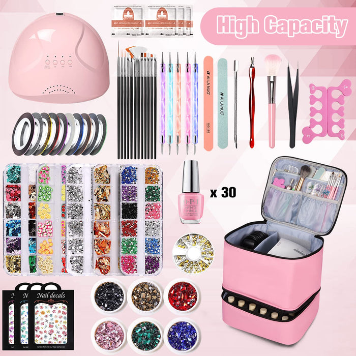 Nail Polish Organizer and Nail Dryer Case, Double-Layer Nail Polish Storage Holds 30 Bottles (15Ml/0.5 Fl.Oz) and 1 Led Nail Lamp, Travel Carrying Case for Nail Polish Kit Set (Pink)