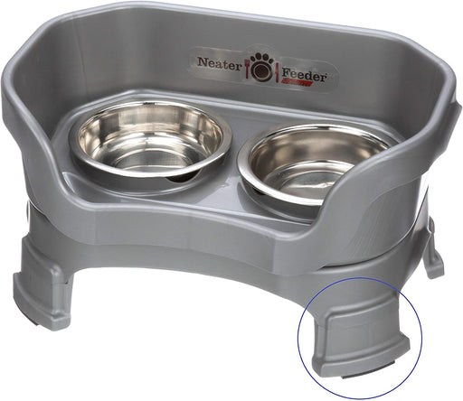 Neater Feeder Deluxe with Leg Extensions for Small Dogs - Mess Proof Pet Feeder with Stainless Steel Food & Water Bowls - Drip Proof, Non-Tip, and Non-Slip - Gunmetal Grey