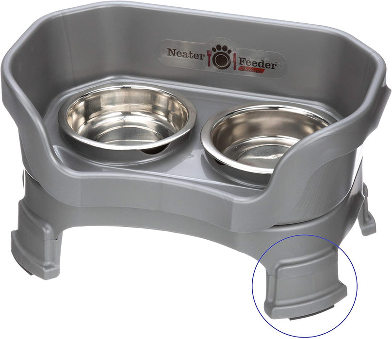 Neater Feeder Deluxe with Leg Extensions for Small Dogs - Mess Proof Pet Feeder with Stainless Steel Food & Water Bowls - Drip Proof, Non-Tip, and Non-Slip - Gunmetal Grey
