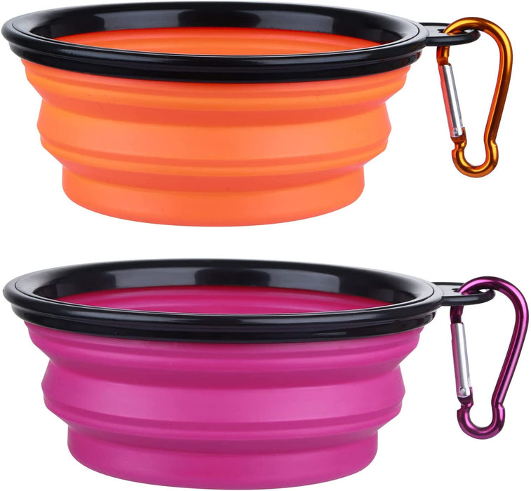 Collapsible Dog Bowl, 2 Pack Collapsible Dog Water Bowls for Cats Dogs, Portable Pet Feeding Watering Dish for Walking Parking Traveling with 2 Carabiners (Small, Orange+Pink)