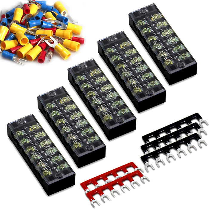 Terminal Block and Strip - 12Pcs (6 Sets) 4 Positions Dual Row 600V 25A Screw Terminal Strip Blocks with Cover + 400V 25A 4 Positions Pre-Insulated Terminals Barrier Strip Black & Red