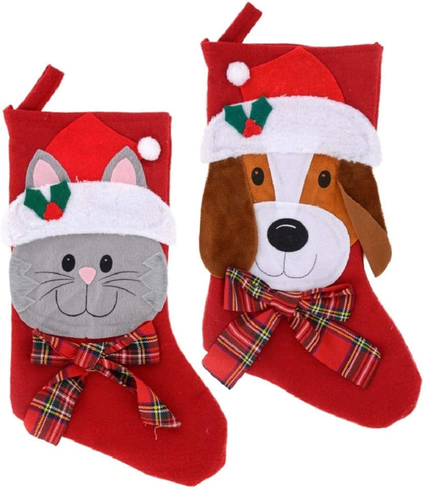 16.5" Pet Holiday Stocking Cat or Dog with Plaid Bow (Cat/Dog, 2)