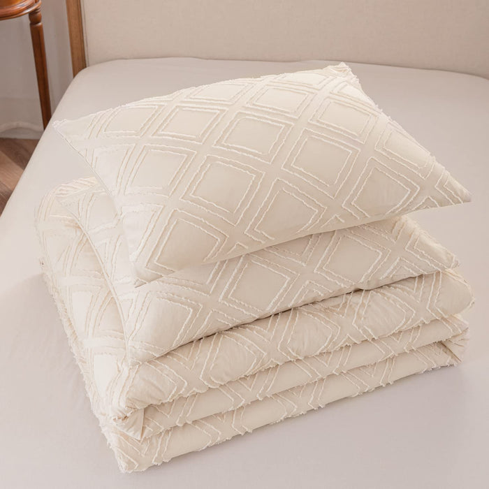 Queen Size Comforter Set Diamond Tufted Design, Cream Bedding Set, Soft & Lightweight Queen Bed Comforter for All Seasons (Queen, 90''Wx90''L , 3 Pieces)