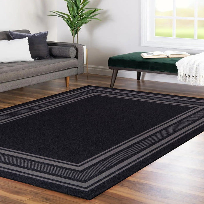 Indoor Bordered Area Rugs, Non Slip Rubber Backing Modern Living Room Area Rug, Black, 5'X7'