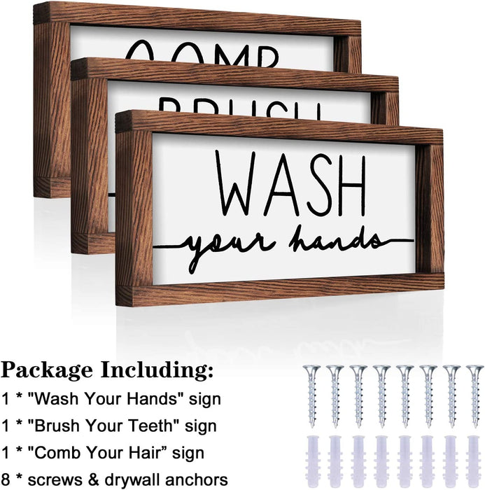 Bathroom Sign & Plaque (Set of 3) Wash Your Hands Brush Your Teeth Comb Your Hair Decorative Rustic Wood Farmhouse Bathroom Wall Decor (White)