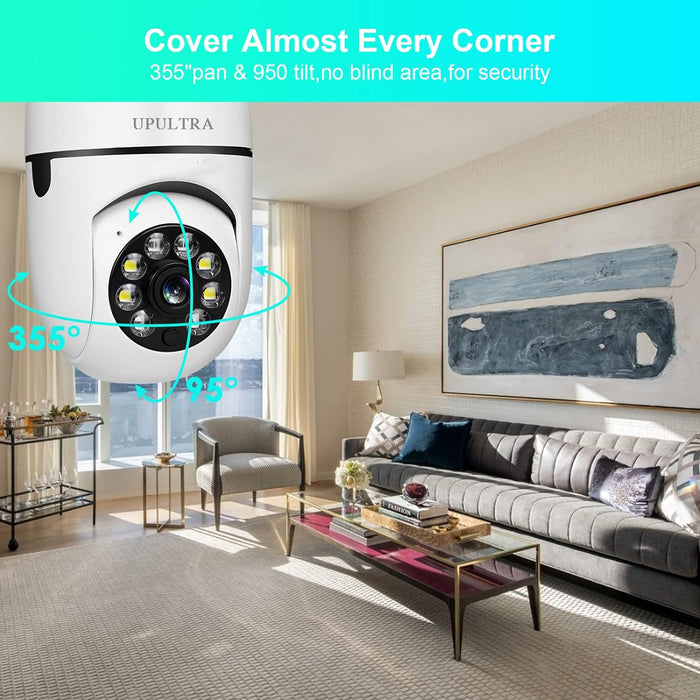 Security Wireless Camera Wifi 1080P Smart for Home Surveillance Screw into the E27 Socket Spotlight Alarm Color Night Vision Two-Way Talk Motion Alarm PTZ 360 Degree(2Packs with 64 SD Cards