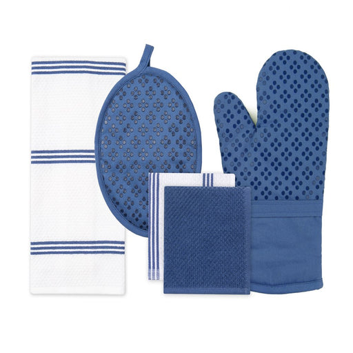 Sticky Toffee Silicone Printed Oven Mitt & Pot Holder, Cotton Kitchen Towel & Dishcloth, Dark Blue, 5 Piece Set